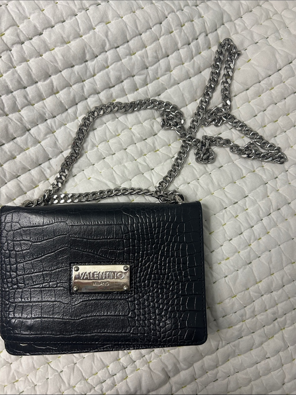 Valentino Black Croc-Embossed Chain Crossbody with Silver Plate